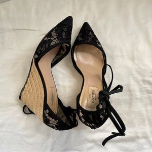 VALENTINO Pointed Toe Lace Strappy Heeled Espadrilles Wedge